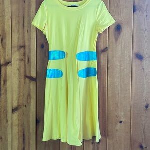 DIY Flounder from Little Mermaid (yellow midi dress with mermaid scale leggings)